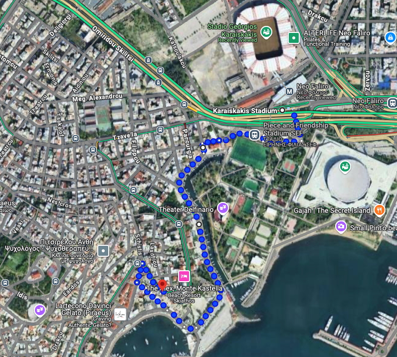 Route from Karaiskaki Stadium to Monte Kastella